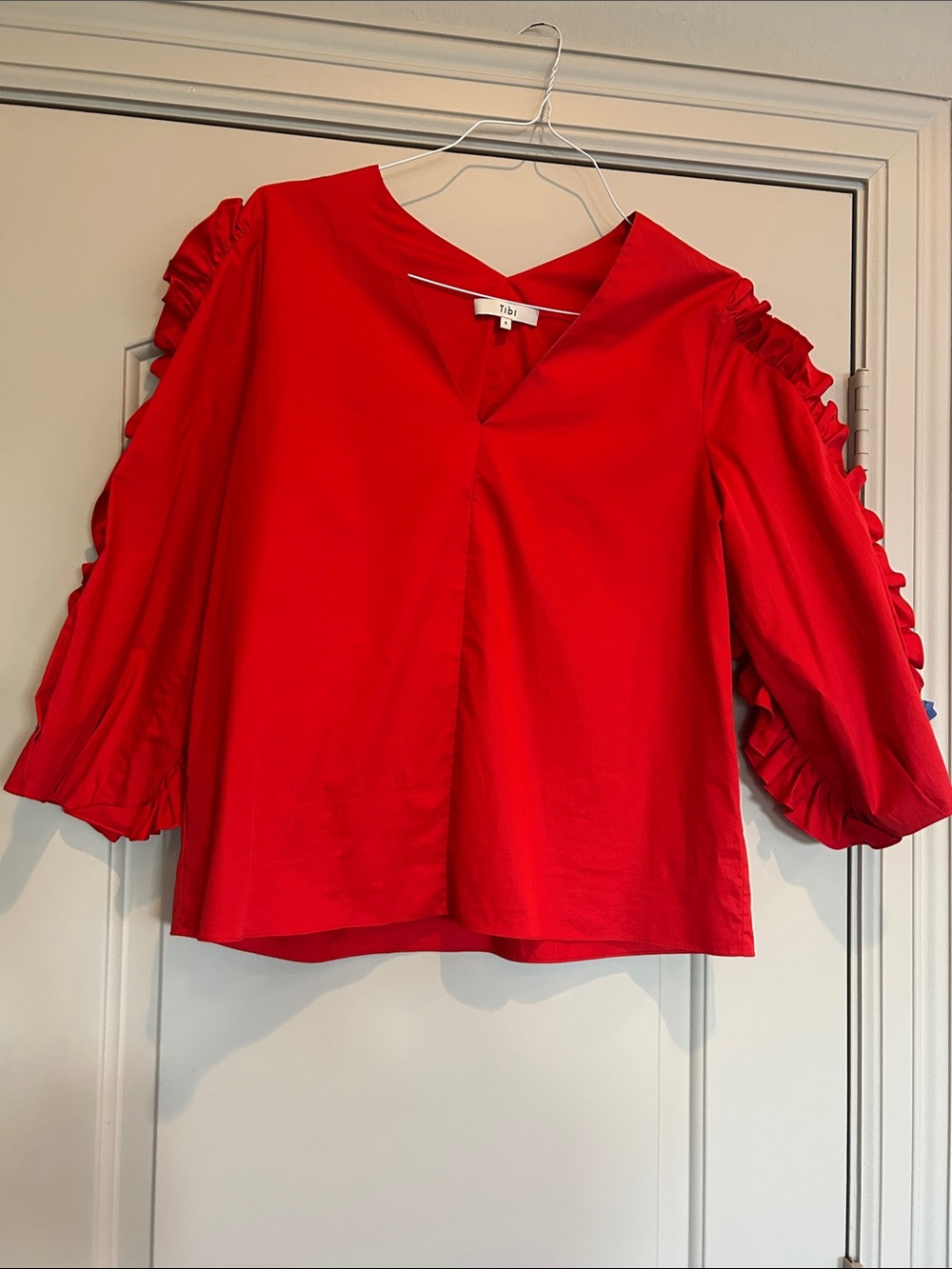 Tibi Red Cotton Sateen Ruffle Sleeve V-Neck Blouse